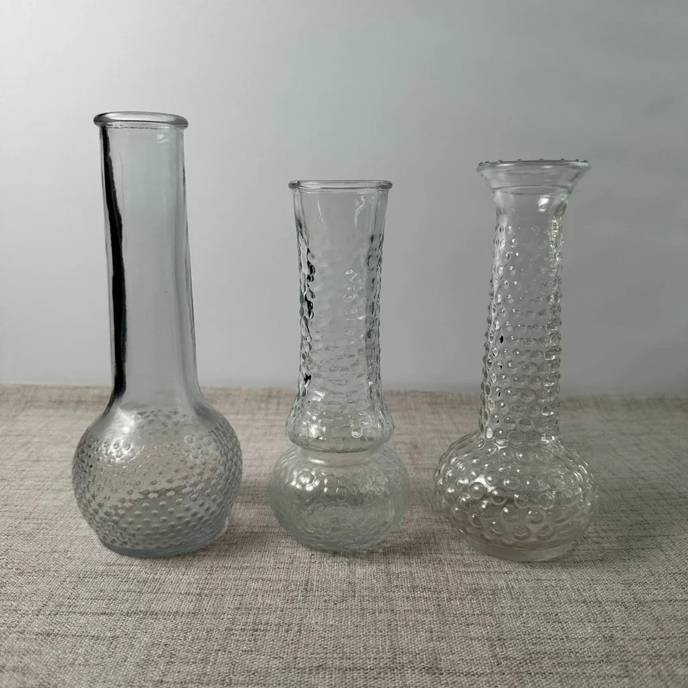 Vintage Clear Glass Bud Vases Set of 3 Hobnail Bubble Textured Pressed Glass USA